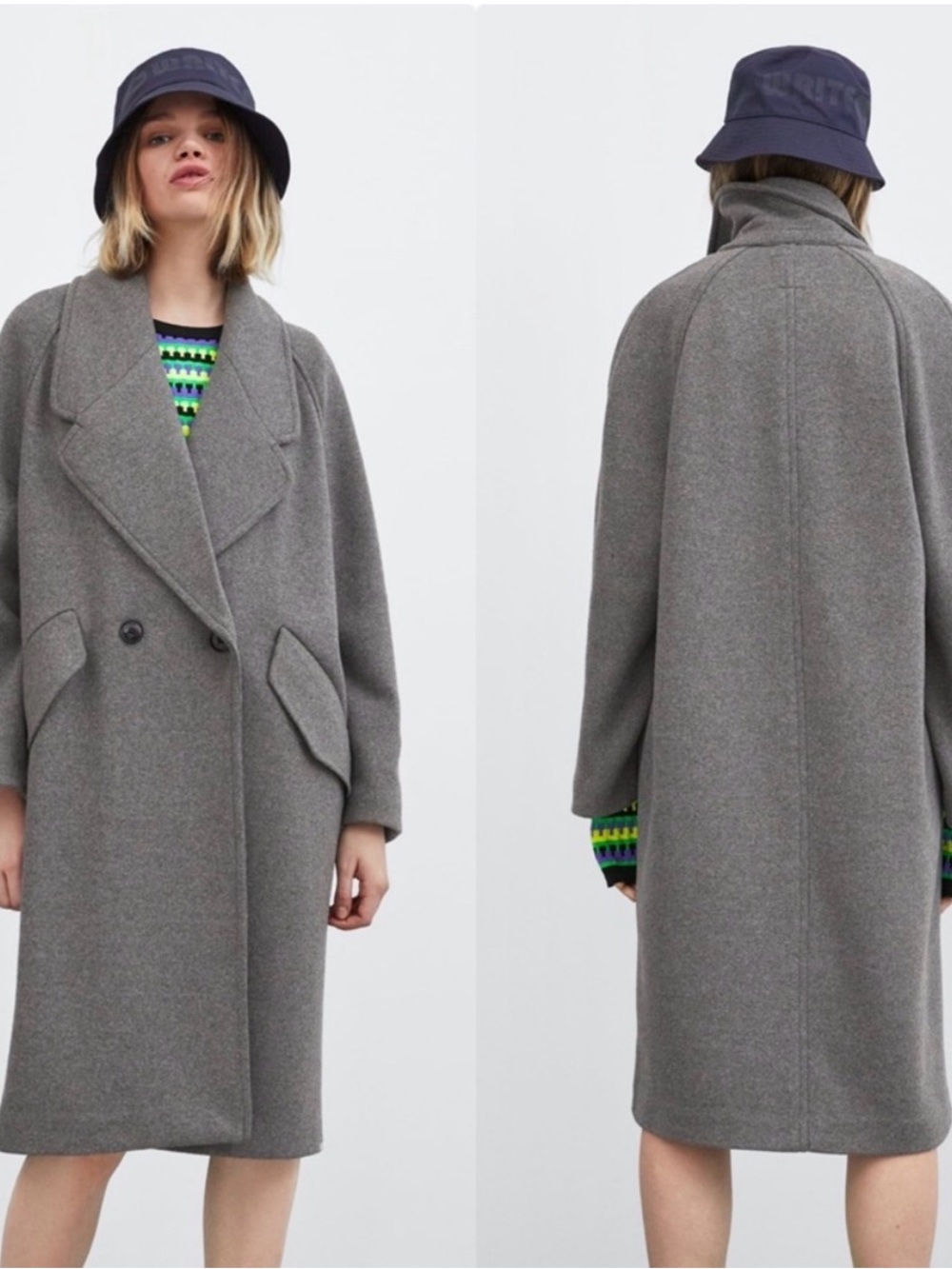 Zara Grey Double-Breasted Oversized Coat